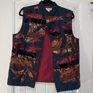 Beautiful mixed media art folk embroidered open vest Coldwater Creek size M